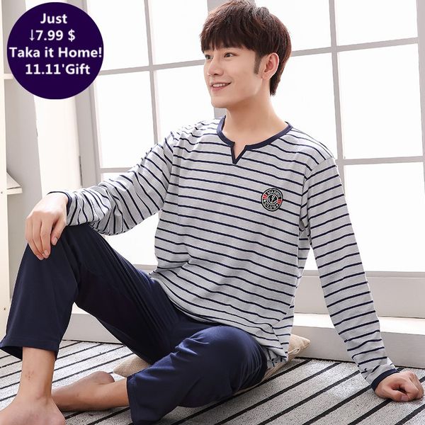 

brand autumn knitted cotton men's pajamas letter striped cartoon pajama sets casual masculine pyjamas plus size l-4xl pijama, Black;brown