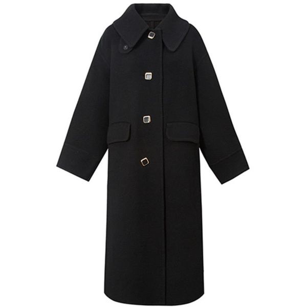 

autumn winter new fashion thick woolen coat stand collar women long square buckle loose wool blends coat, Black