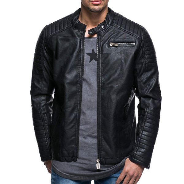 

men's leather coat 2018 winter new style casual solid color padded pu leather biker leather jacket jacket men's, Black