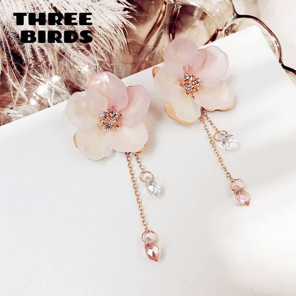 

new trendy sweet acrylic fresh plant flower earrings long chain shell crystal tassel earrings for women jewelry aretes de mujer, Golden;silver
