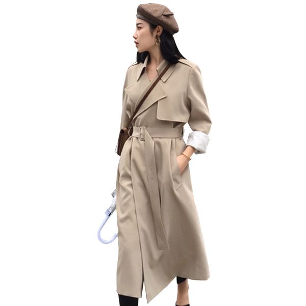 

spring autumn women's casual windbreaker coat turndown collar overcoat outerwear fashion long trench coat slim coats belt, Tan;black