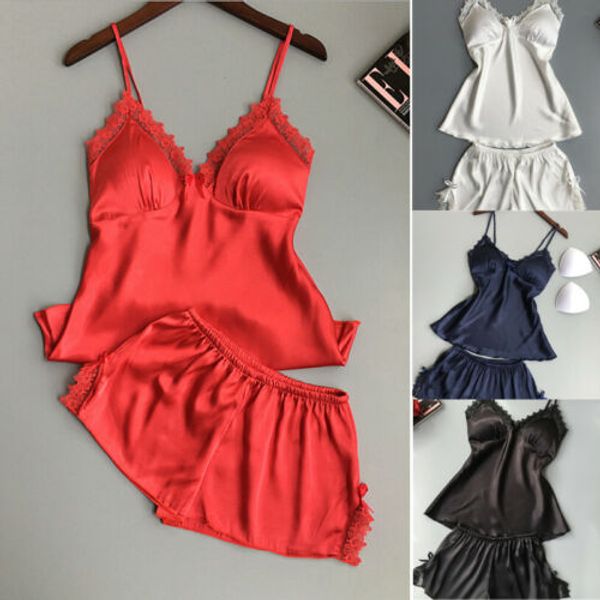 

ladies strap vest bustier shorts 2pcs pajama set lingerie womens silk lace babydoll nightdress nightgown sleepwear, Black;white