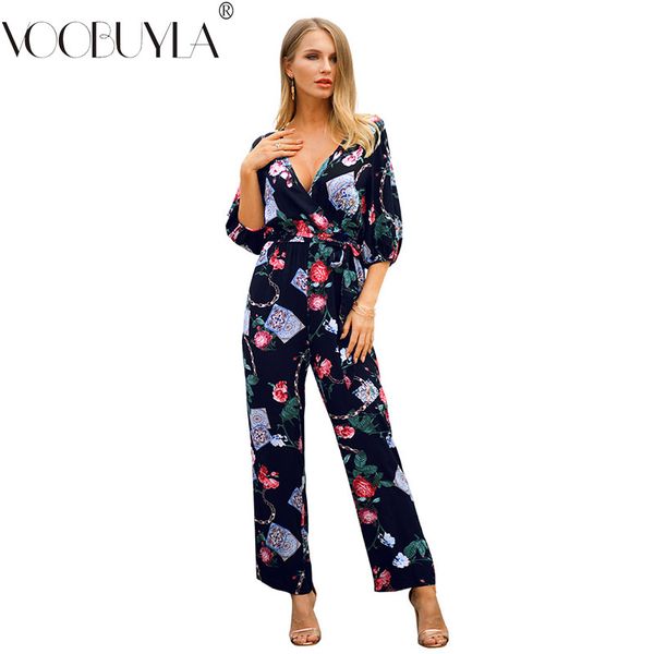 

voobuyla spring jumpsuits for women 2019 new deep v-neck rompers womens floral printed casual chiffon bodysuit mono mujer, Black;white