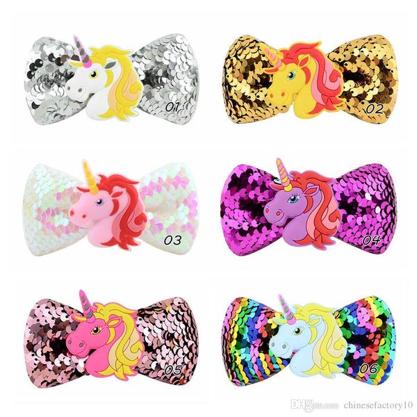 

kids unicorn sequins hair clips hairpins pinwheel halloween hair accessories bow with clips 6 colors party cosplay barrettes, Slivery;white