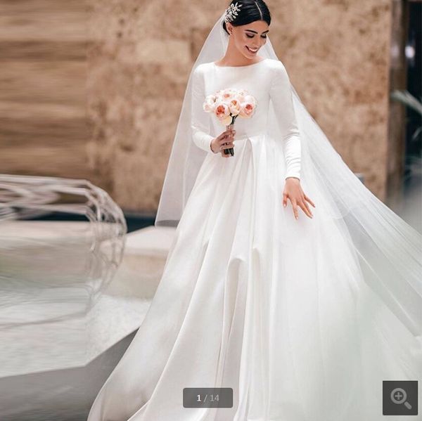 

2020 simple vintage a-line white satin wedding dresses modest long sleeves simple boat neck full sleeves victorian royal bridal gowns