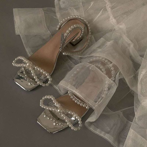 

the new summer 2020 sequined diamond and pearl bow-tied lady's shoes fairy wind open-toe heel sandals, Black