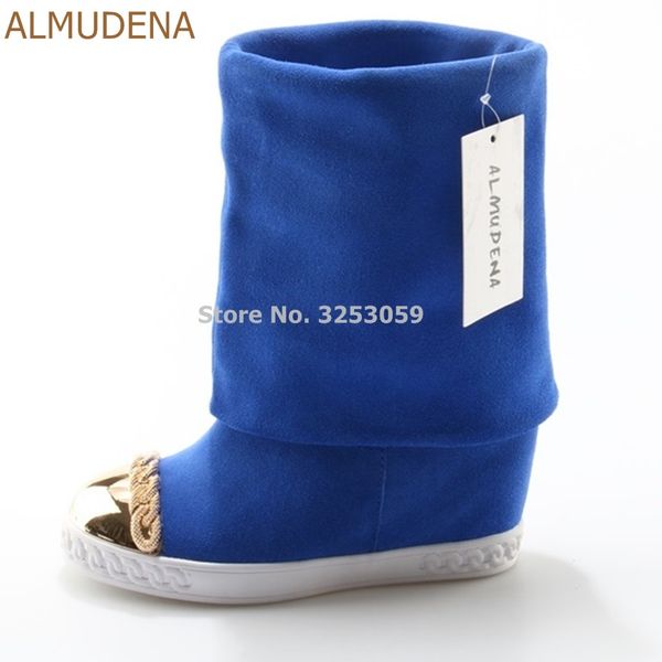

almudena women mid-calf chain embellished turn off boots metal decoration blue white black suede wedge heel motorcycle boots