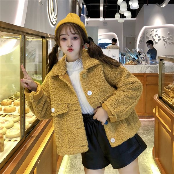 

color button lamb hair short coat female winter korean thickening fur one sheep shearing women's cashmere coat 2019, Black