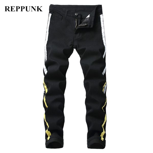 

2018 skinny jeans men hip hop stripe elastic slim fit denim pants male stretchy pencil bottoms street knee ripped holes jeans, Blue