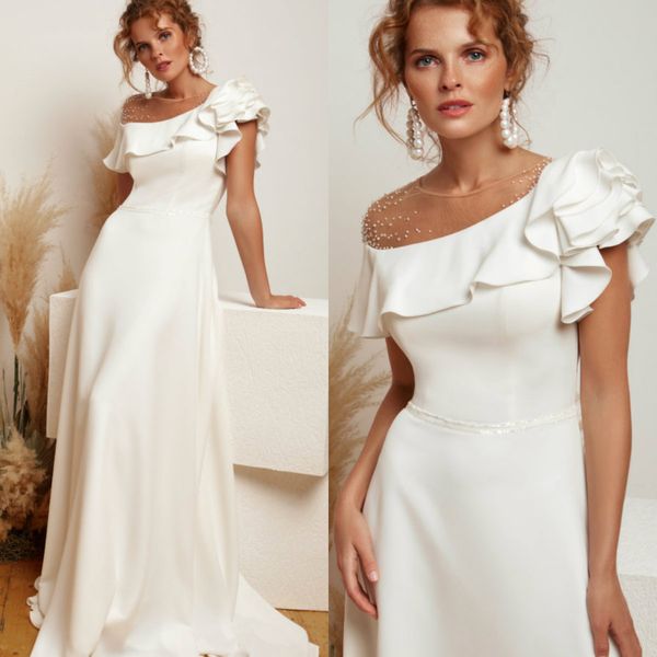 

a line wedding dresses satin ruffles beads wedding dresses sweep train bribal gowns vestidos de novia, White