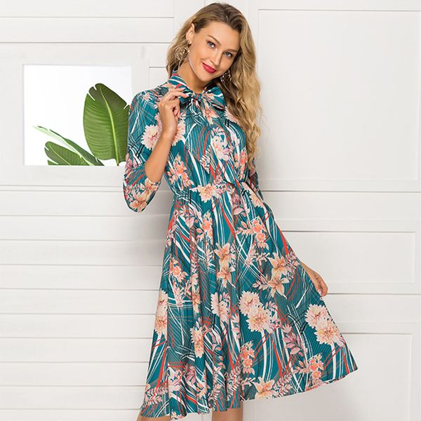 

women's printed bow tie stand collar long sleeve dress, Black;gray