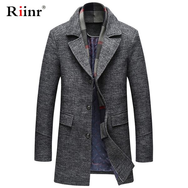 

2019 new men winter warm trench woolen coat slim fit casual reefer jackets solid stand collar single breasted peacoat parka, Black