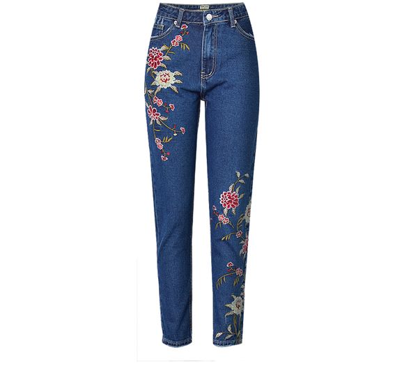 

blue fashion beauty side flower embroidery jeans for women plus size high waist slim jeans woman casual ankle denim pants
