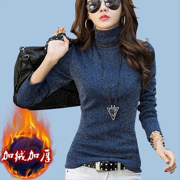 

seasonal bright t-shirt jacket short jacket silk high collar base shirt women's short plus velvet thickened long sleeve t-shirt, White