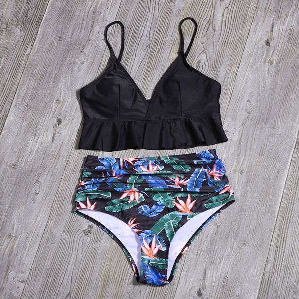 

2020 women floral print swimwear solid ruffle bikinis dot bikini set high waist swimsuit bathing suit female summer beachwear