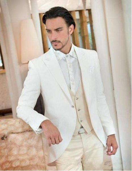 

white groom tuxedos peak lapel one button groomsmen mens wedding dress popular man jacket blazer 3 piece suit(jacket+pants+vest+tie) 832, Black;gray