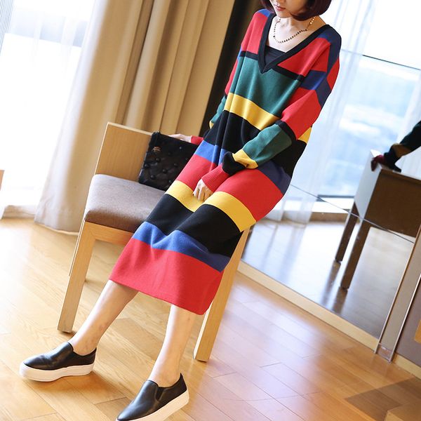 

осень новый женский цвет полосы v-образным вырезом вязать платье мода большой размер длинный свободный свитер, Black;gray