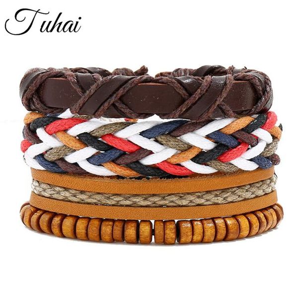 

4pcs retro bohemian style rope braided wood beads charms bracelets wrap leather wristband bangles for lovers, Golden;silver