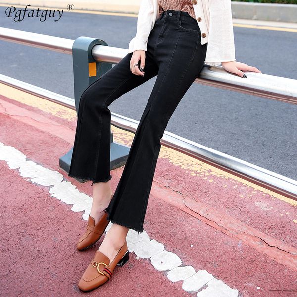 

2019 new fashion design black jeans women burr hem wide leg pants high waist jeans slim denim pants trousers fit lady, Blue