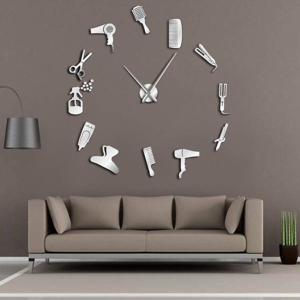 

diy toolkit barber shop giant wall clock with mirror effect barber decorative frameless wall watch hairdresser barber wall art