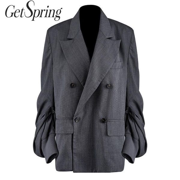 

getspring women blazer wrinkles lantern sleeve double breasted blazer plaid long sleeve ladies coat long jaket women suit coat, White;black