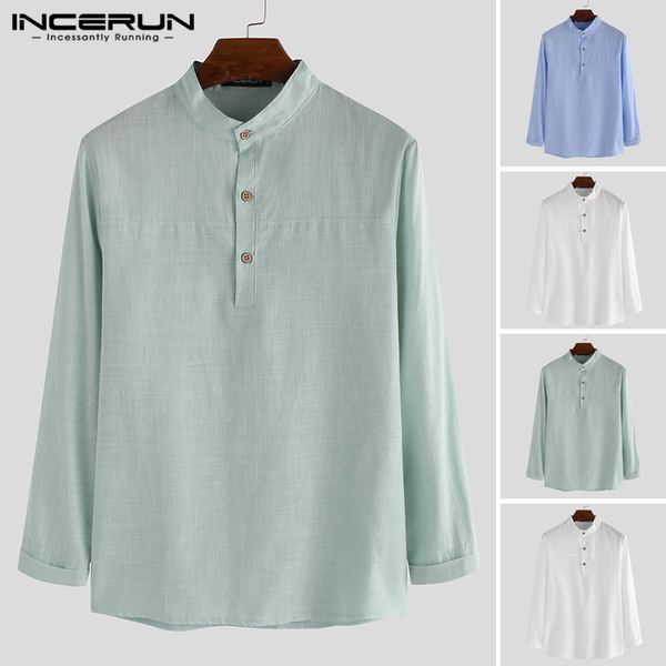 

spring cotton men brand shirt long sleeve button casual solid stand collar vintage dress shirts streetwear camisa 2020 incerun 7, White;black