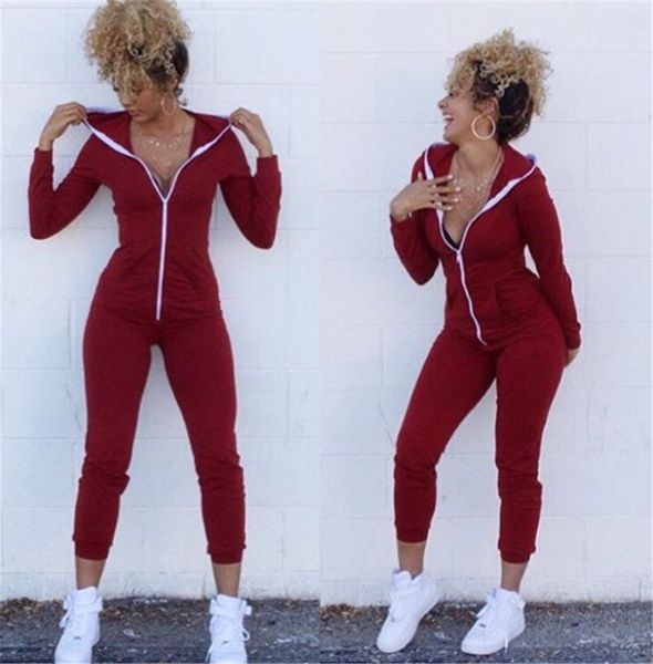 

весна женская сплошная с капюшоном комбинезоны pure color zipper активной женщина rompers тонкий sexy ladies одежда с карманой, Black;white