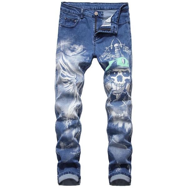 

spring mens punk skulls jeans washed wing personality male pencil pants casual zipper fly boys trousers