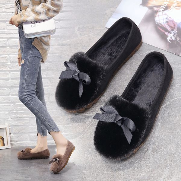 

shoes woman flats women's moccasins casual female sneakers shallow mouth round toe loafers fur modis all-match dress boat, Black