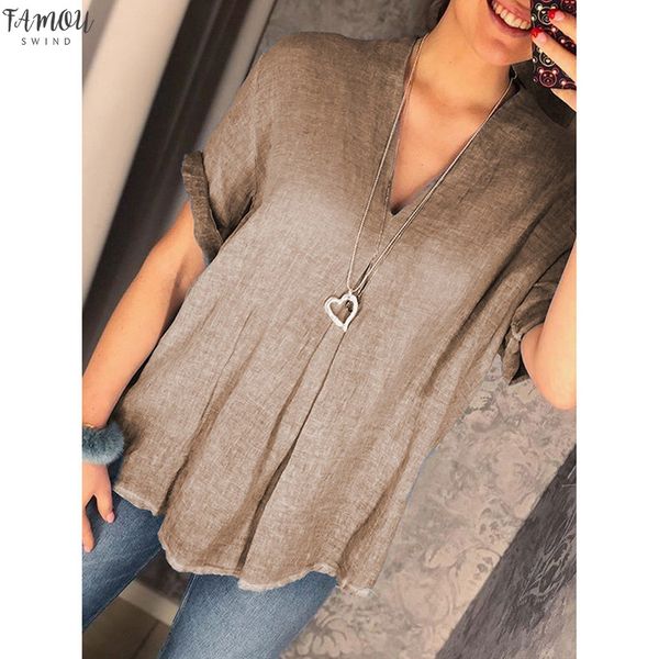 

summer fashion cotton linen blouse ladies loose solid v neck tee female womens short sleeve shirt blusas femininas clothing, White