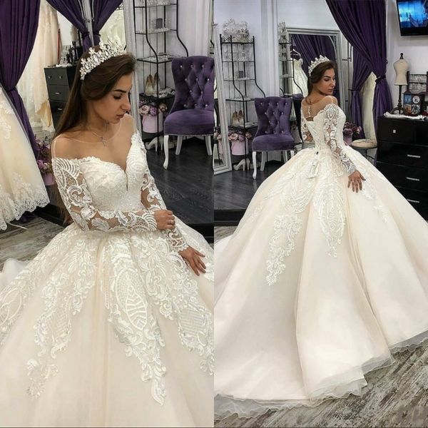 

совок шеи кружева тюль суд поезд свадебные платья аппликация бисер с длинным рукавом бальное платье свадебные платья, White