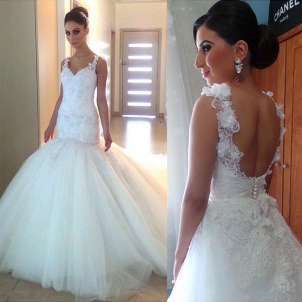 

3d floral appliqued lace tulle mermaid wedding dresses spaghetti straps backless buttons bridal gowns 2020 vestido de noiva, White