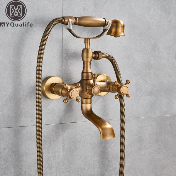 

antique brass bathtub faucet wall mounted swive spout tub mixer tap with handshower handheld bath shower mixer water set