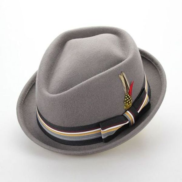 

black grey coffee men autumn fedora cap pure wool pillbox floppy jazz hat british vintage men winter feather felt fedora hat cap, Blue;gray