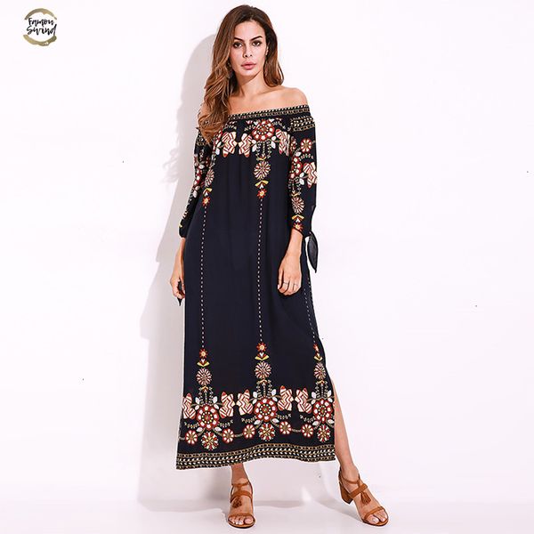 

2019 new floral print maxi dress off shoulder beach summer dress split long party dresses vestidos plus size  5xl, Black;gray
