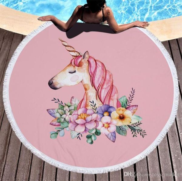 

cute printed unicorn microfiber large round beach towel 148*148cm unicorn printed tassel round beach towels yoga mat