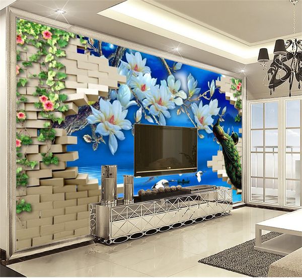 

3d обои стены 3d кирпичная стена цветы павлин обои цифровая печать hd wallpaper