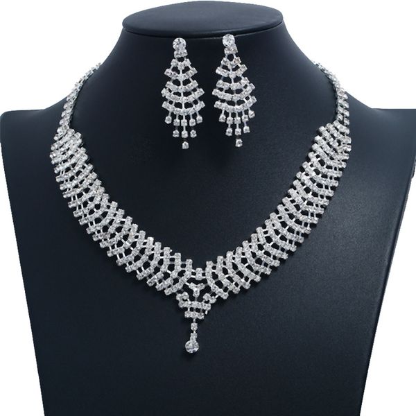 

wedding jewelry rhinestone tassel bridal jewelry set water wave chain necklace and earring set, Silver