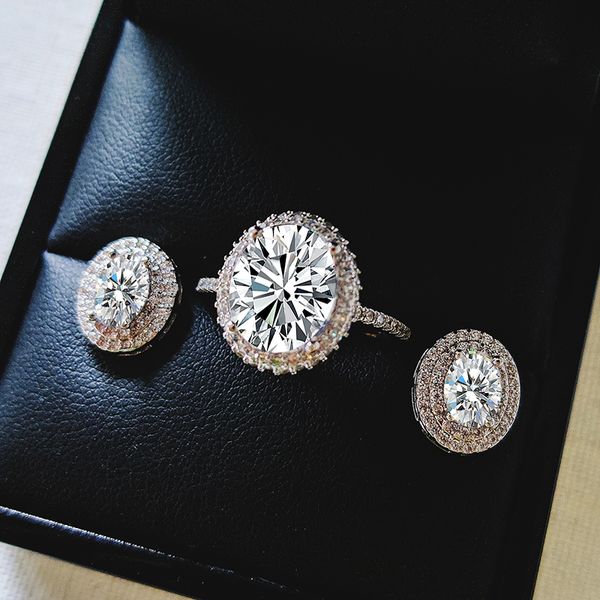 

925 sterling silver jewelry set halo engagement ring round stud earring for wedding christmas valentine's day gift party j5341s