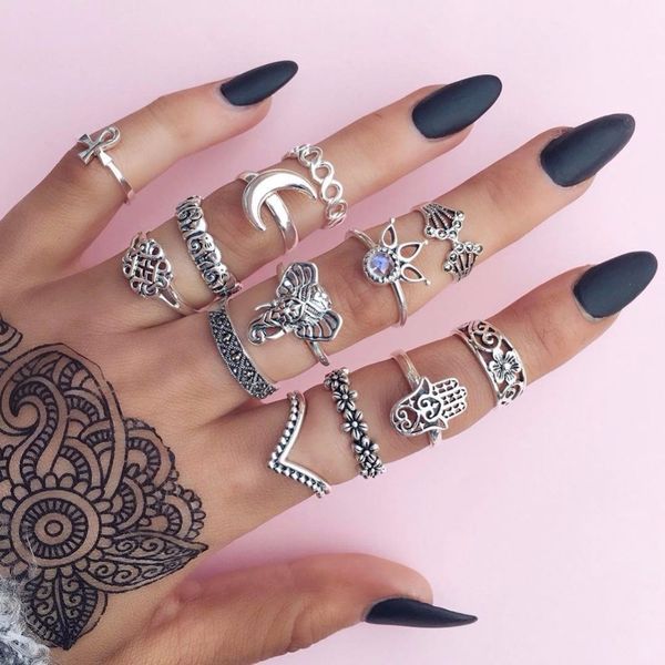 

13pcs/set fashion women girl silver bohemian vintage anti rings moon lucky rings set party jewelry, Golden;silver