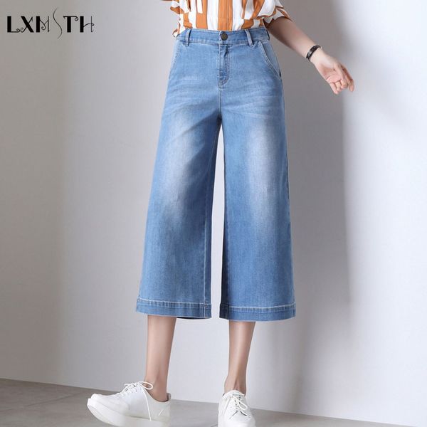 

lxmsth 38 40 plus size wide leg jeans for women summer high wasited loose denim capris pants ladies stretch jeans, Blue