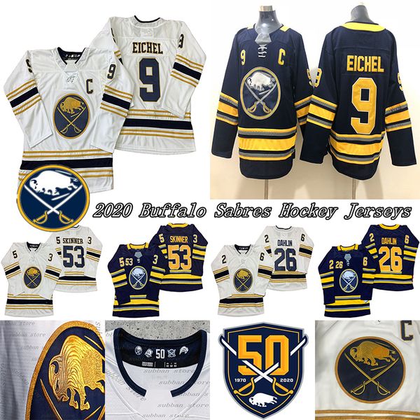 

buffalo sabres jersey 50th golden 9 jack eichel(c) 26 rasmus dahlin 53 jeff skinner hockey jerseys, Black;red