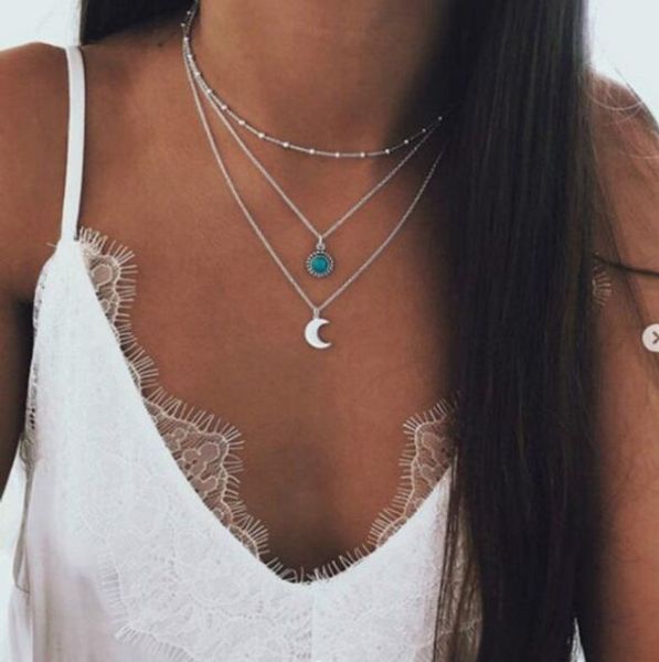 

чешские ювелирные изделия 2018 новая мода поп ювелирные изделия луна трехслойные многослойные ожерелье женщины оптовая торговля, Silver