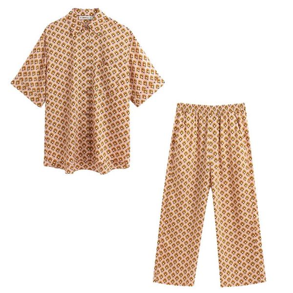 

2020 new summer suits women two piece set geometric printed blouse&pants high waist elastic female woman clothes, White