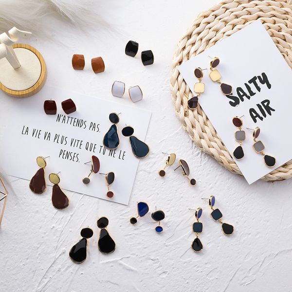 

mengjiqiao 2019 korean new vintage geometric irregular square water drop enamel asymmetric earrings for women fashion oorbellen, Silver