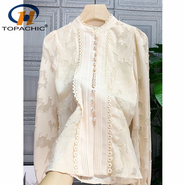

1.11 2020 spring new women fashion stand collar lantern collar single breasted hollow out jacquard temperament blouse, White