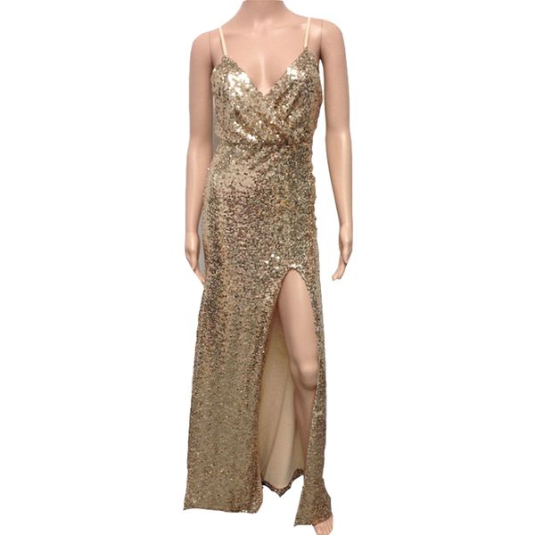 

women's gold sequin long dress deep v neck sleeveless high waist wedding evening party split bling slim dresses #91459, Black;gray