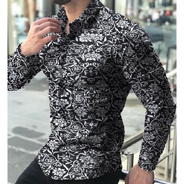

blouses autumn fashion men's casual printed floral long sleeve button blouse cloth casual collar male blouse, White;black
