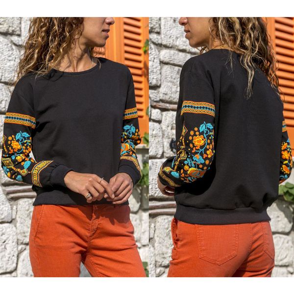 

europe and america women clothing round neck t-shirt comfortable printed patchwork jacket, Black