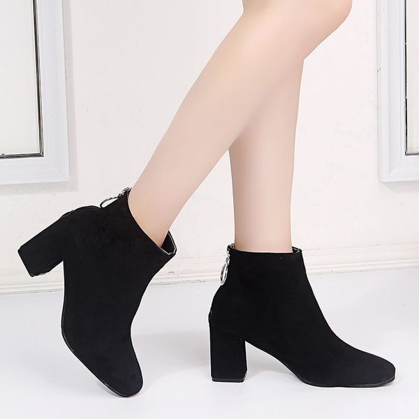 

women's boots 2019 high heel shoes flock 7cm boots winter new wild fashion suede zipper pointed thick with short women, Black